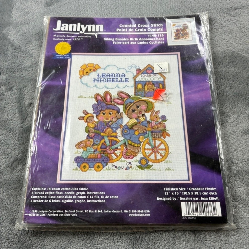 Janlynn Biking Bunnies Birth Announcement Counted Cross Stitch Kit 140-176 1999